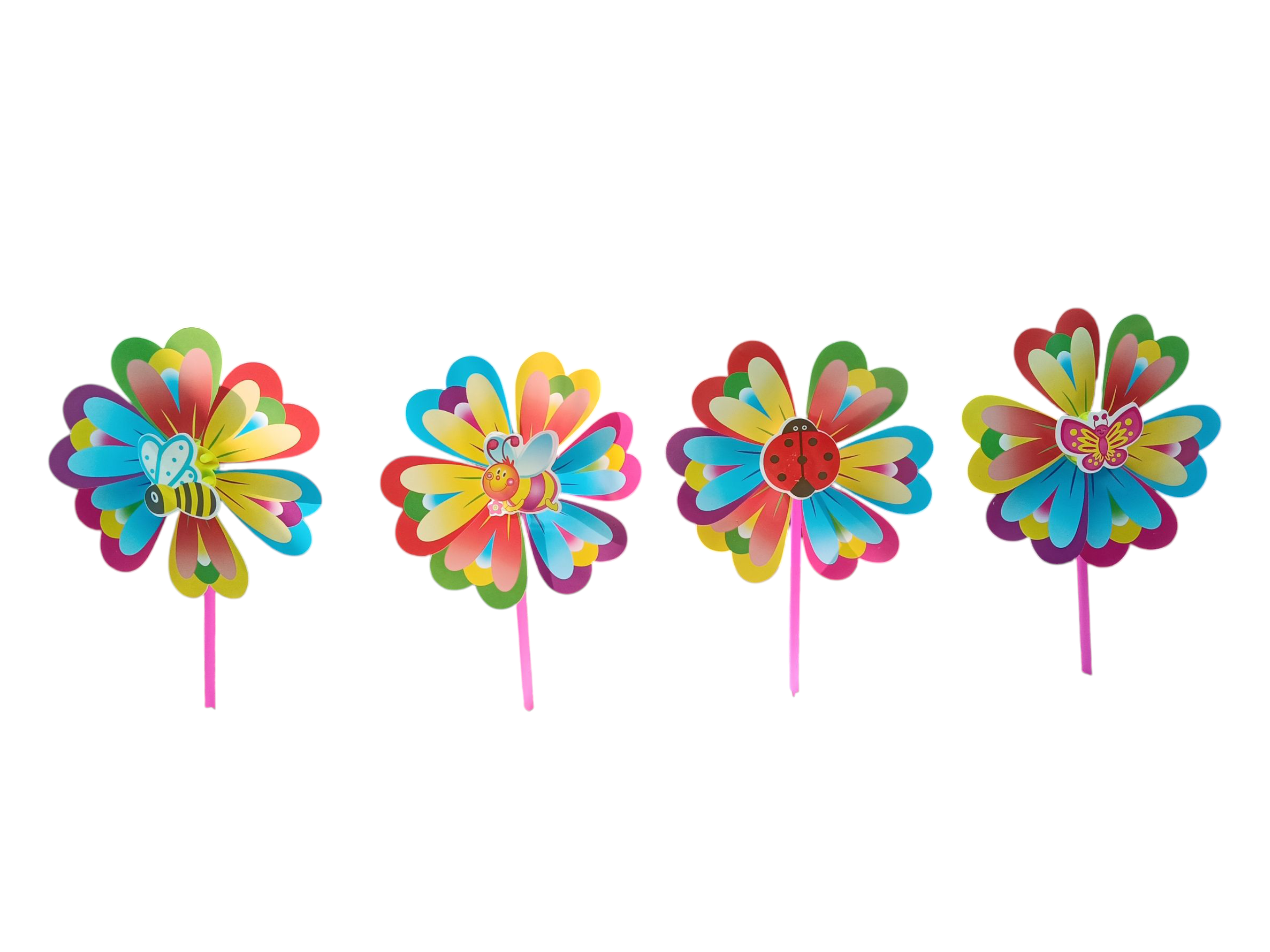 Set of 4 Decorative cartoon Flower Windmill / Colorful Rainbow Windmills for Party Favors and Outdoor Lawn Flower Yard Decoration / Back Garden Nursery