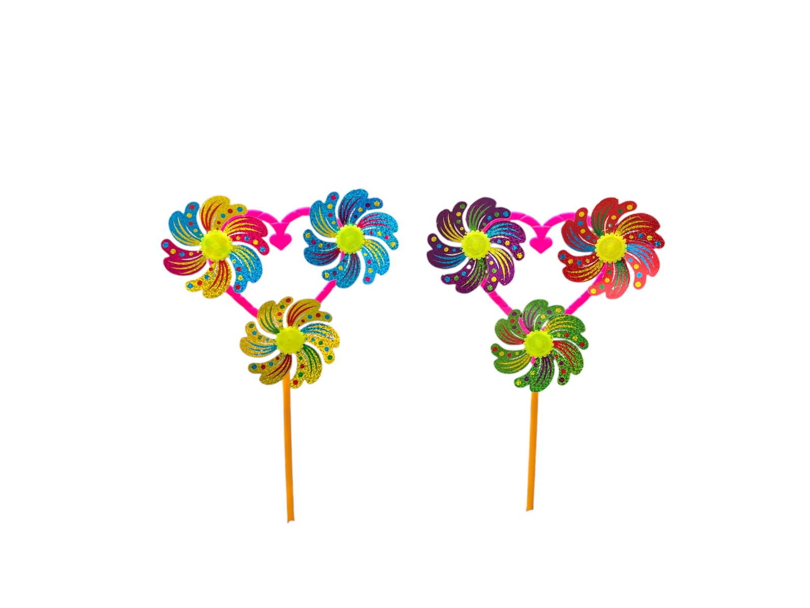 Multicolor Glitter Triple Flower Windmill Garden Stick Decorative Pinwheel - Set of 4 - Back Garden Nursery