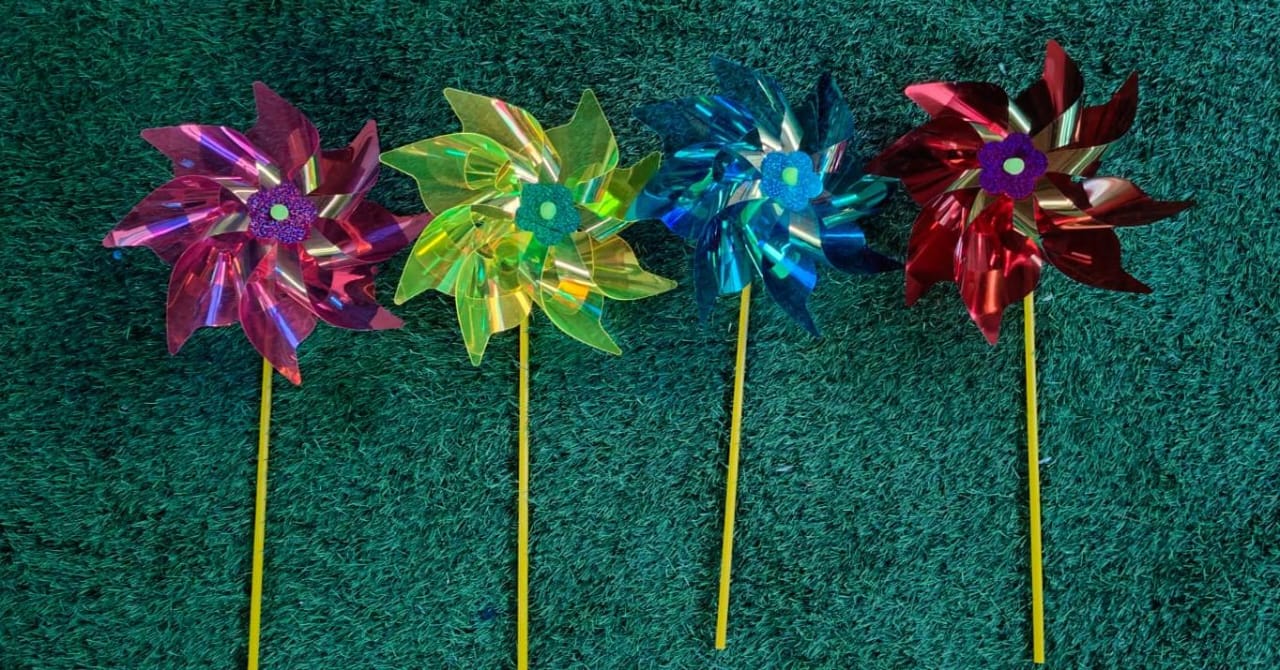 (W) Glossy Striped Flower Windmill Wind Spinner/ Home/ Garden Windmill/ Back Garden Nursery