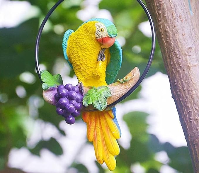 Hanging Parrot Statue Macaw On Swing / Garden Decor Item / Back Garden Nursery
