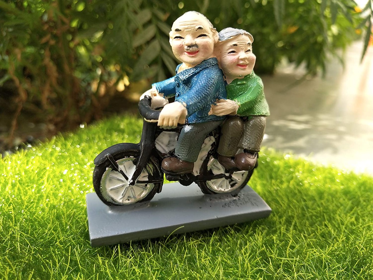 Resin Old Couple Riding Bicycle Miniature Decor - Back Garden Nursery
